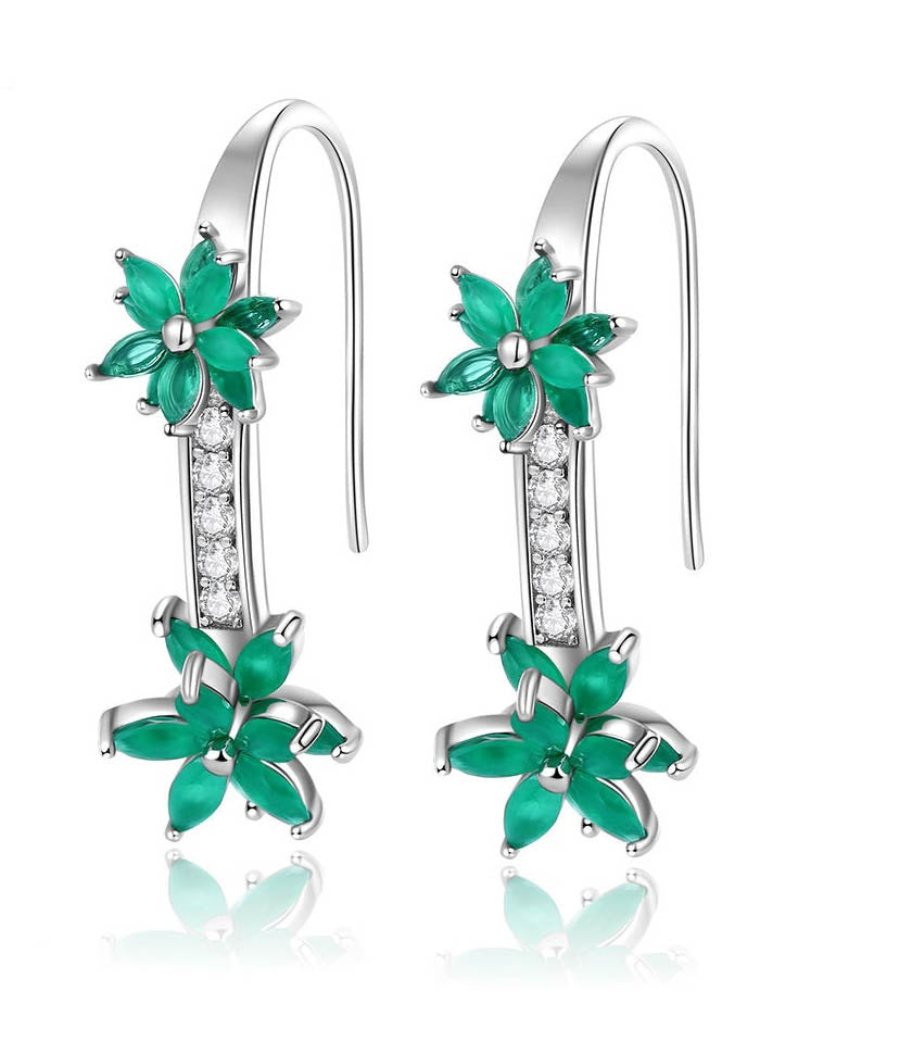 Cercei Eleganți Din Argint 925, Model Floral Cu Pietre Zirconiu Verde Smarald Și Cristale Strălucitoare, Design Modern Și Rafinament