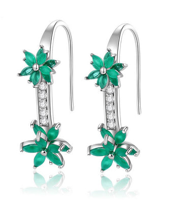 Cercei Eleganți Din Argint 925, Model Floral Cu Pietre Zirconiu Verde Smarald Și Cristale Strălucitoare, Design Modern Și Rafinament