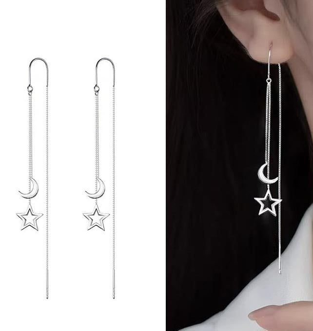 Cercei Lungi Din Argint 925 Model Stea Si Luna, Design Elegant Cu Fir Subtire, Accesorii Femei Fashion