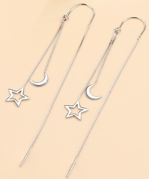 Cercei Lungi Din Argint 925 Model Stea Si Luna, Design Elegant Cu Fir Subtire, Accesorii Femei Fashion