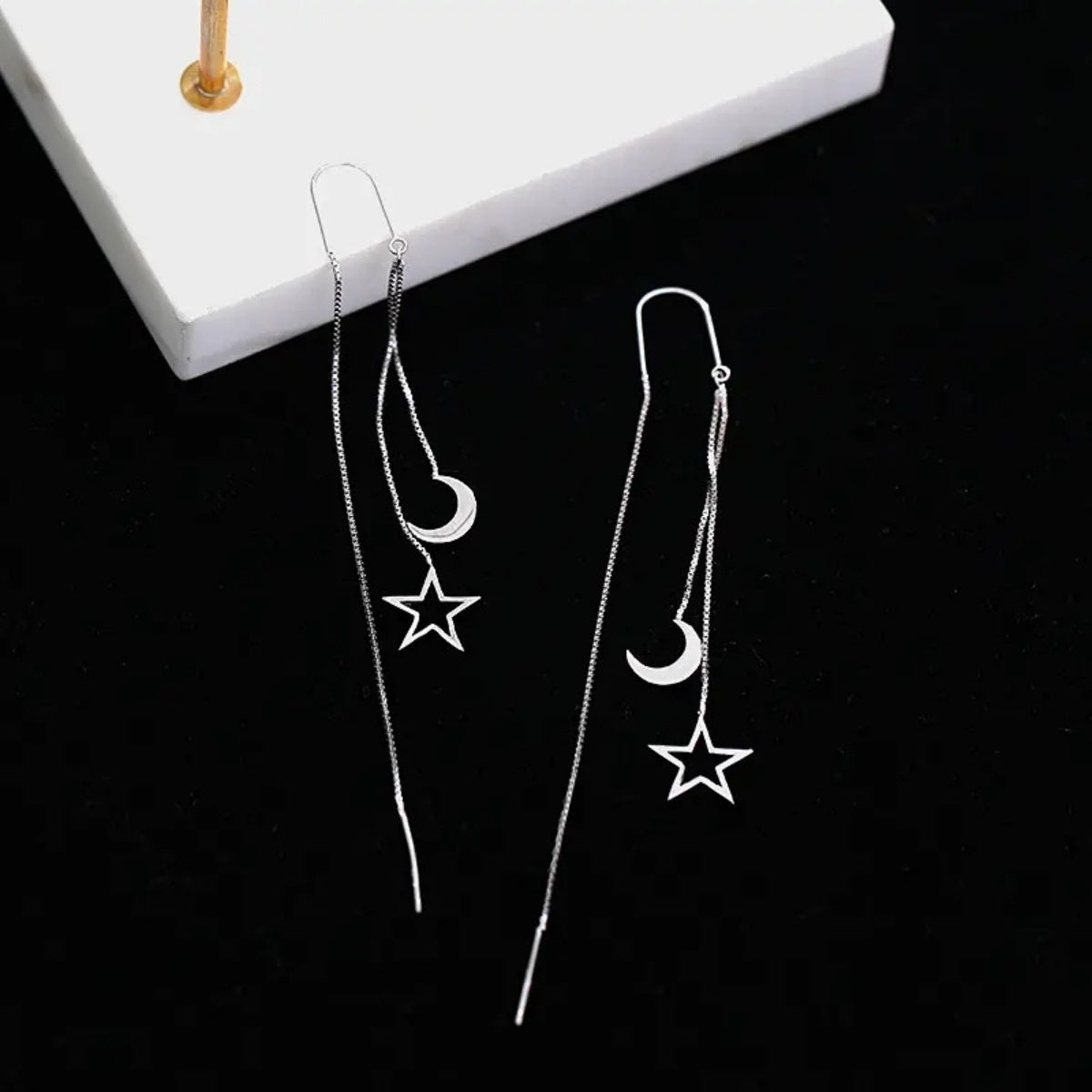 Cercei Lungi Din Argint 925 Model Stea Si Luna, Design Elegant Cu Fir Subtire, Accesorii Femei Fashion
