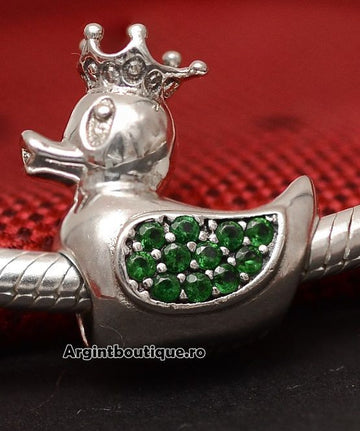 Charm Argint 925 Rata -DUCK QUEEN- Verde