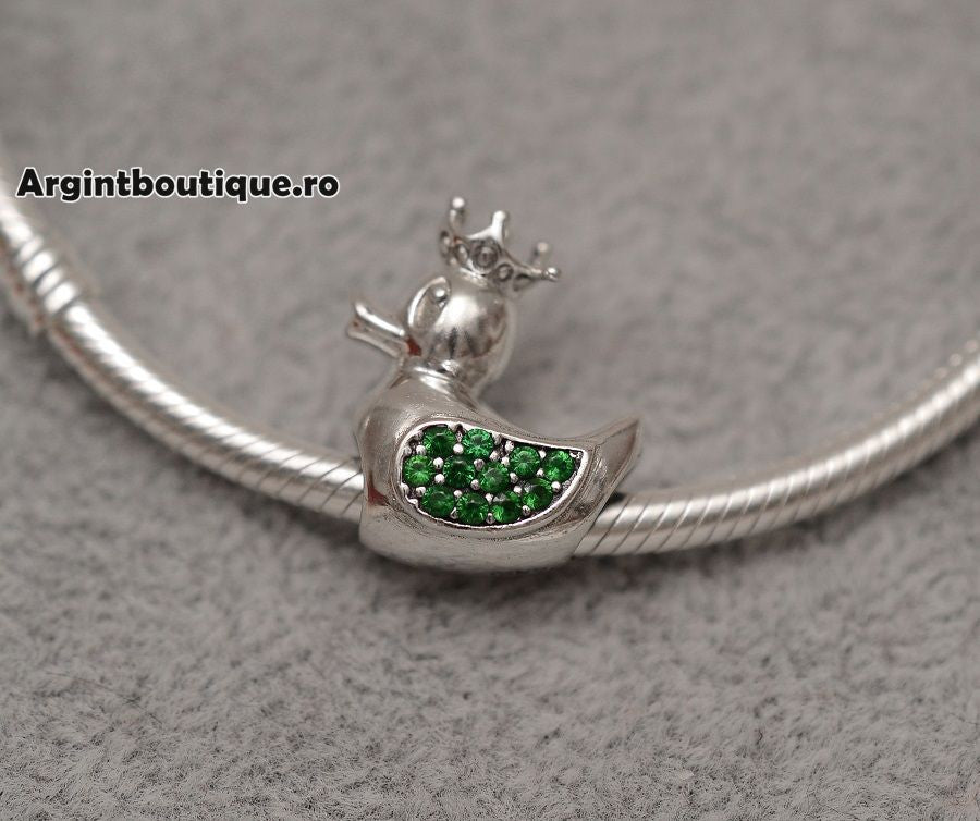 Charm Argint 925 Rata -DUCK QUEEN- Verde