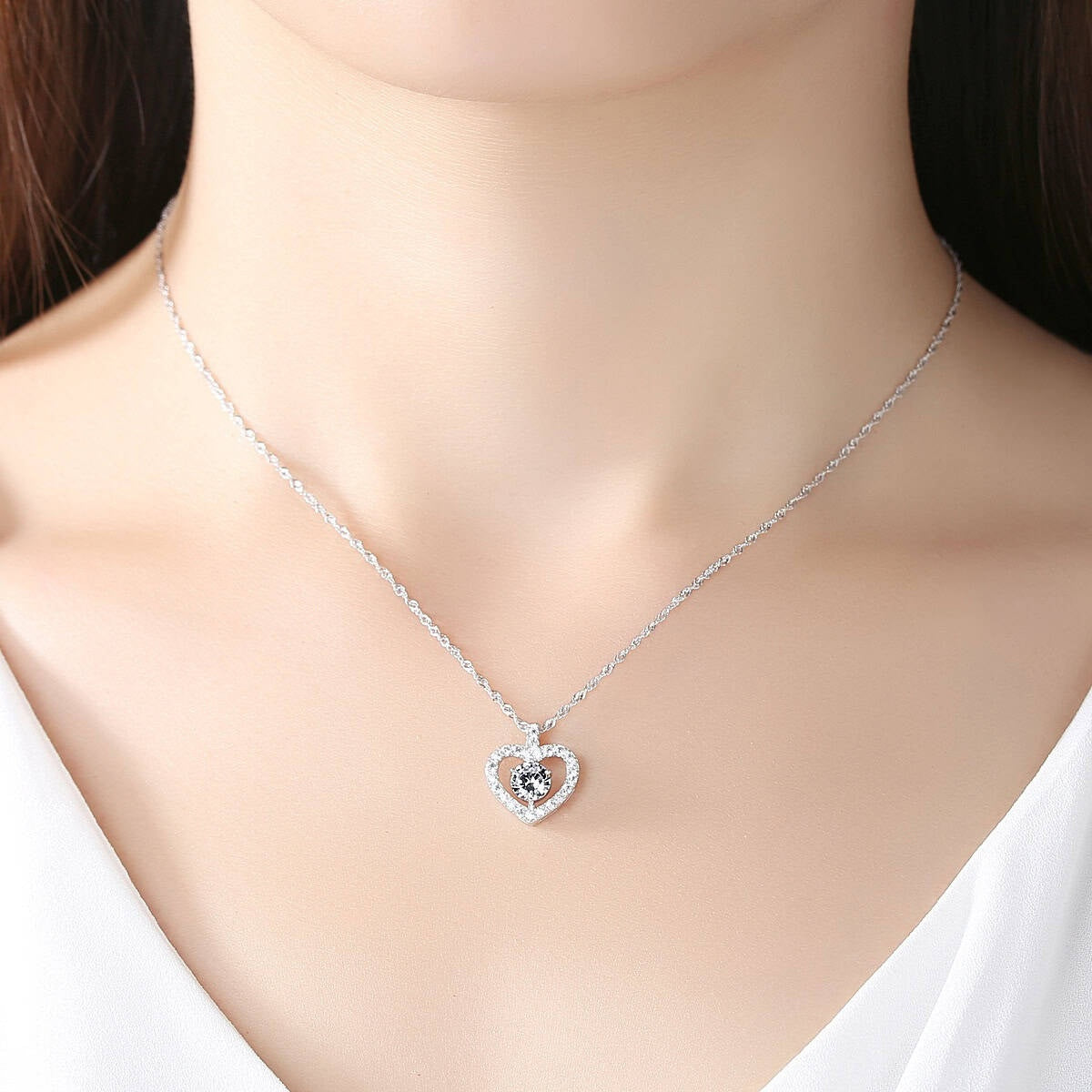 Colier Argint 925 Cu Pandantiv Inima Si Piatra Stralucitoare, Lantisor 40+5 cm, Zirconii, Model Elegant Femei 3.7g