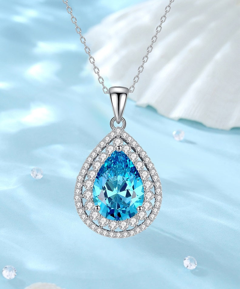 Colier Argint S925 Cu Pandantiv Lacrimă Cu Cristal Albastru 5.67g