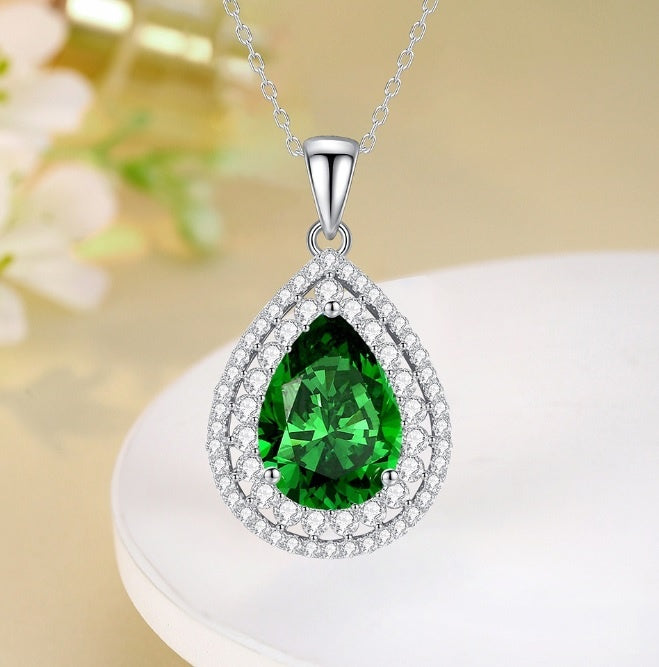 Colier Argint S925 Cu Pandantiv Lacrimă Cu Cristal Verde 5.67g