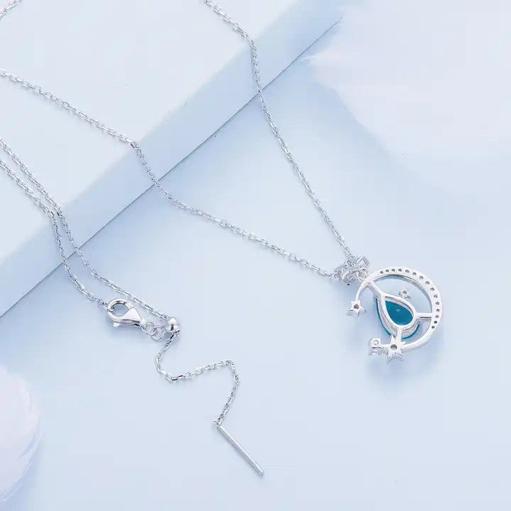 Colier cu pandantiv Luna si Stele cu Piatra Verde Smarald pentru femei 2.94g