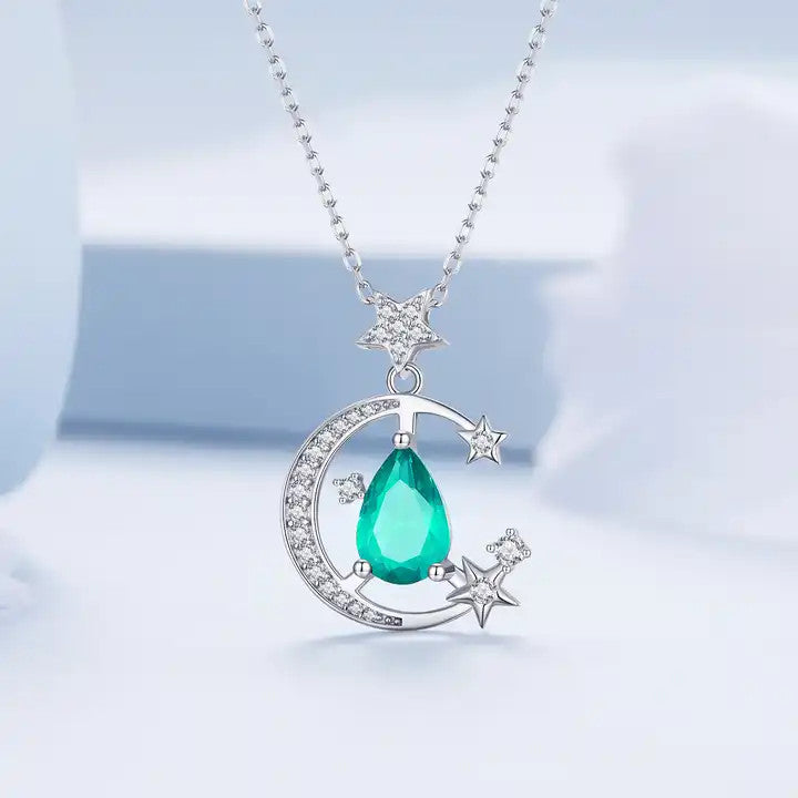 Colier cu pandantiv Luna si Stele cu Piatra Verde Smarald pentru femei 2.94g