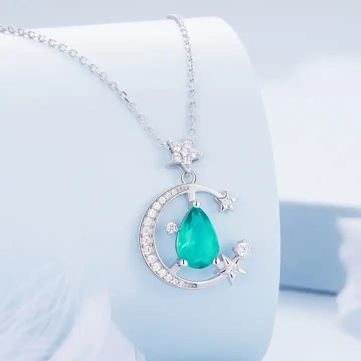 Colier cu pandantiv Luna si Stele cu Piatra Verde Smarald pentru femei 2.94g
