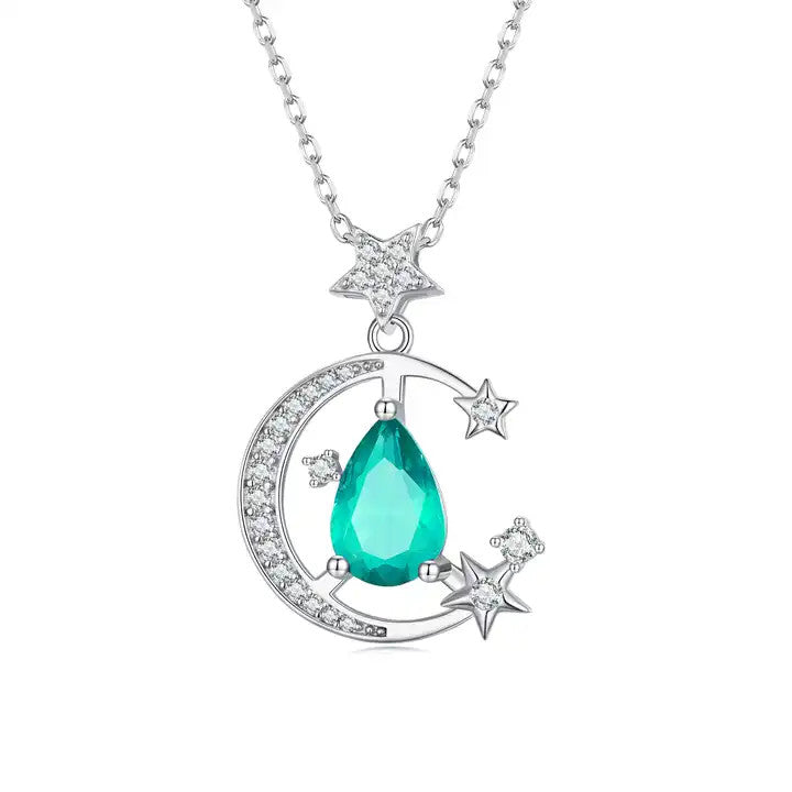 Colier cu pandantiv Luna si Stele cu Piatra Verde Smarald pentru femei 2.94g