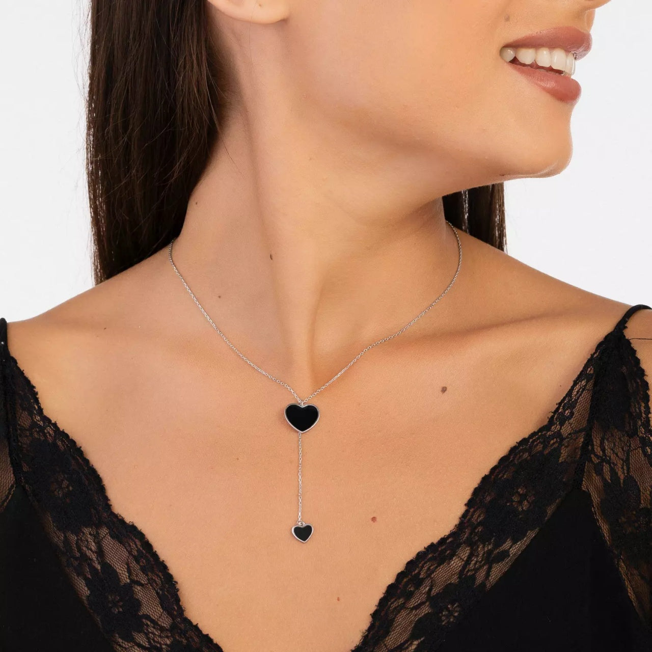 Colier din argint Black Enamel Heart, Argint 925, Pentru Femei