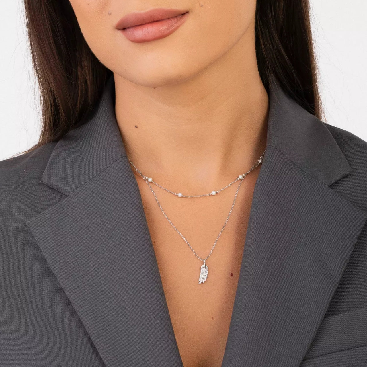Colier din argint Double Chain Leaf, Argint 925, Pentru Femei