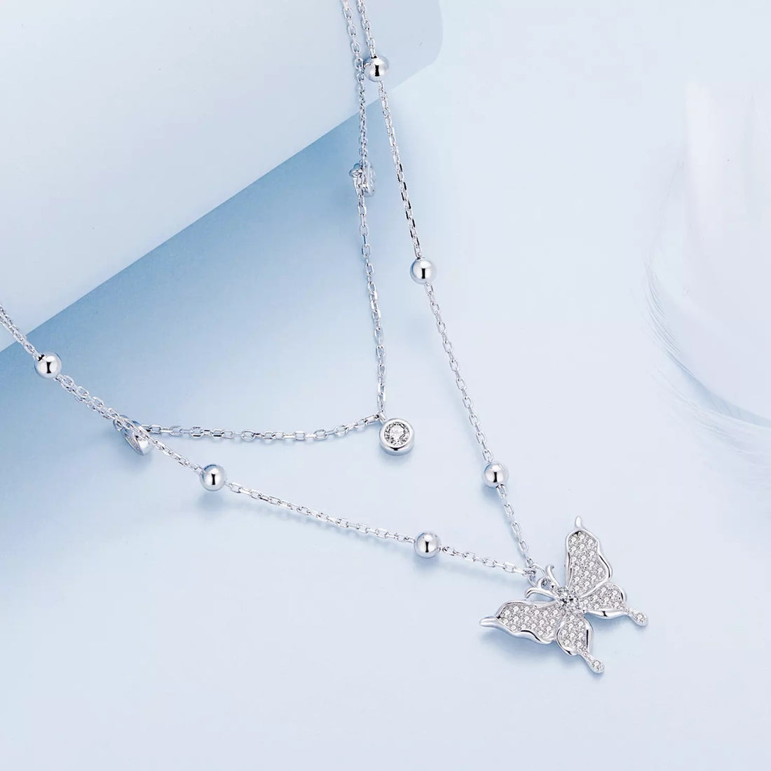 Colier din argint Double Chain Sparkling Butterfly, Argint 925, Pentru Femei