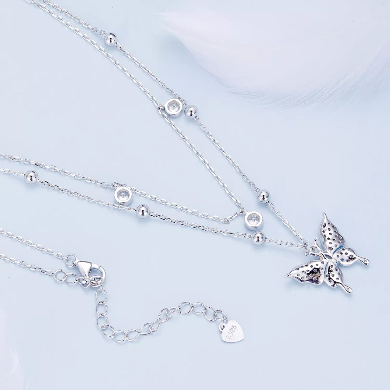 Colier din argint Double Chain Sparkling Butterfly, Argint 925, Pentru Femei