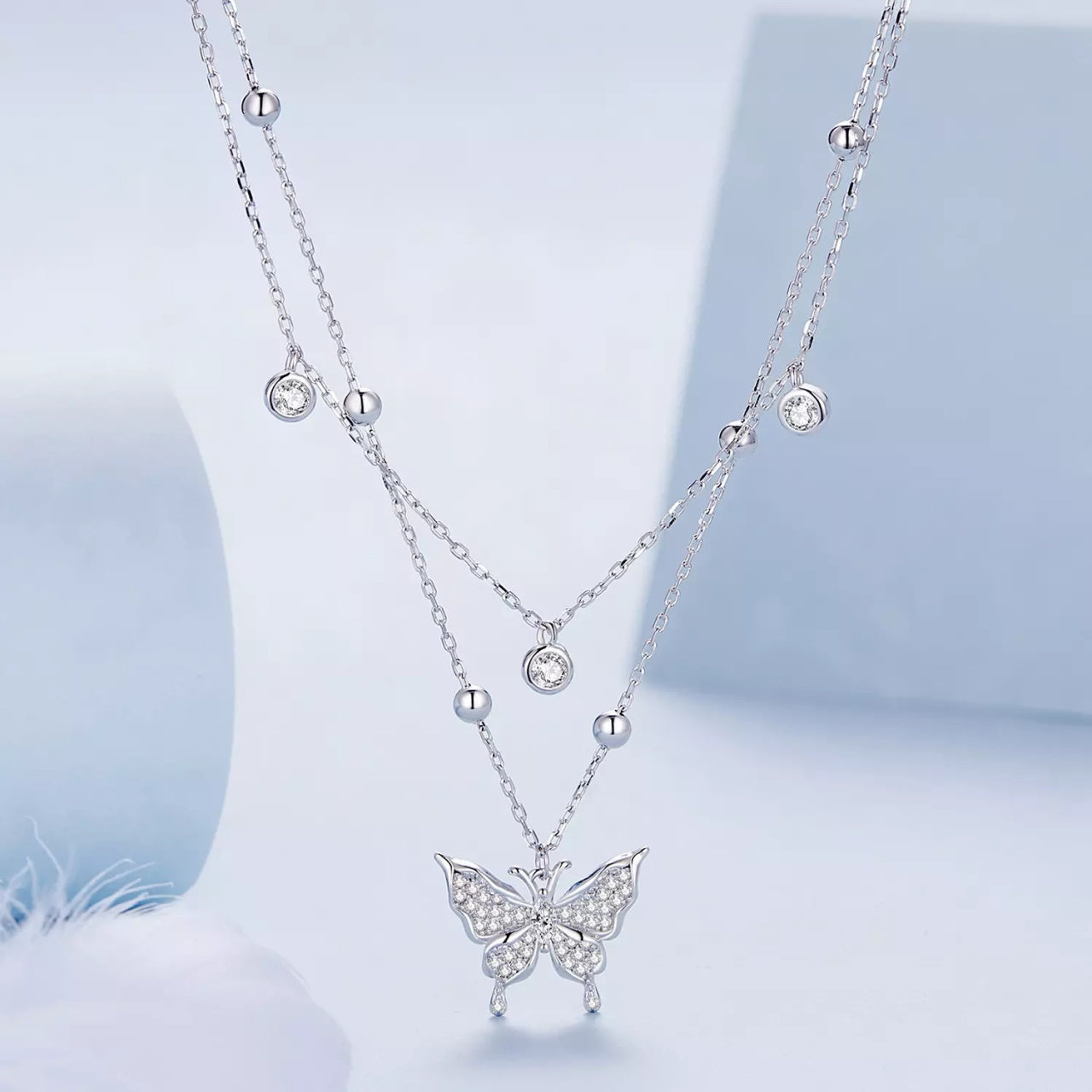 Colier din argint Double Chain Sparkling Butterfly, Argint 925, Pentru Femei
