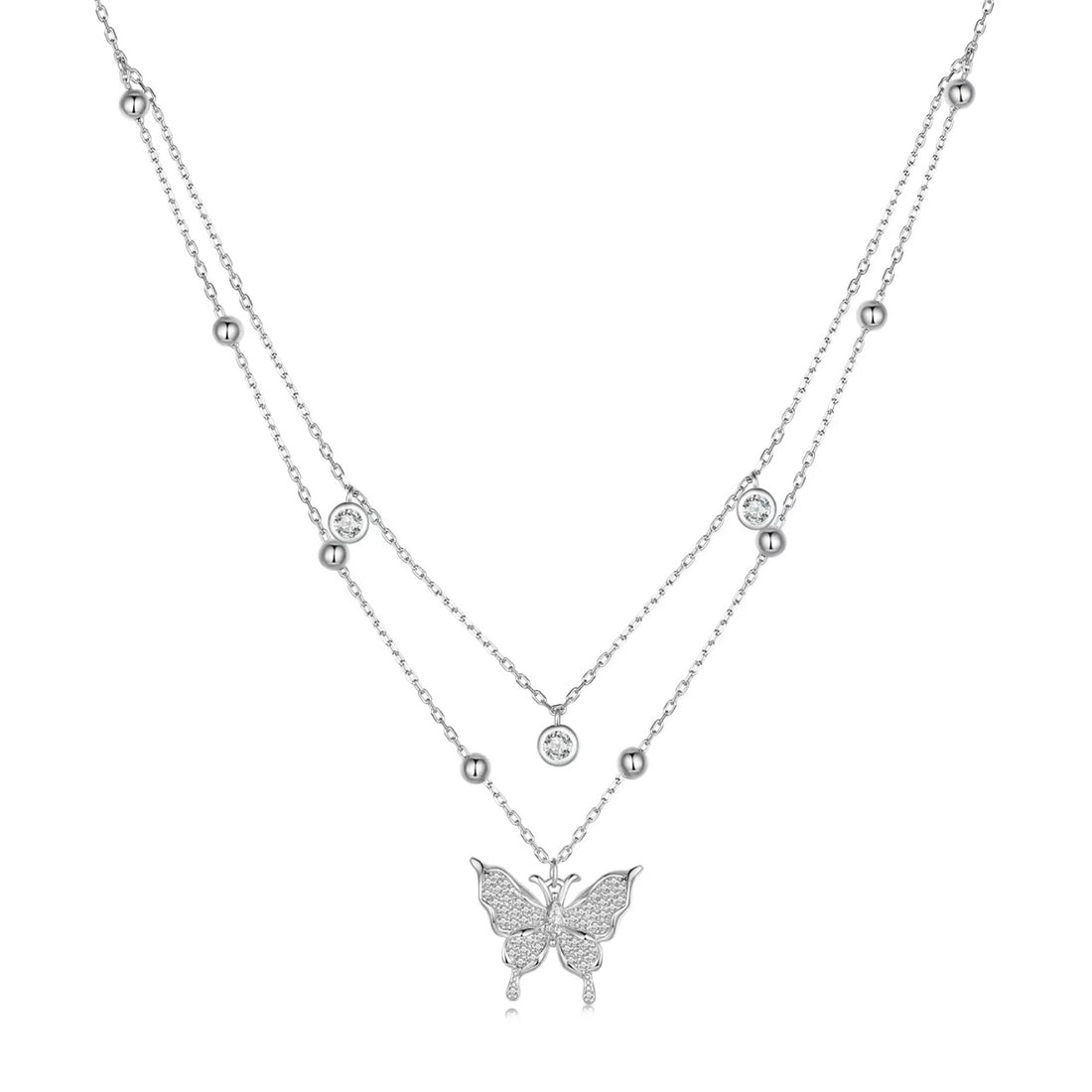 Colier din argint Double Chain Sparkling Butterfly, Argint 925, Pentru Femei