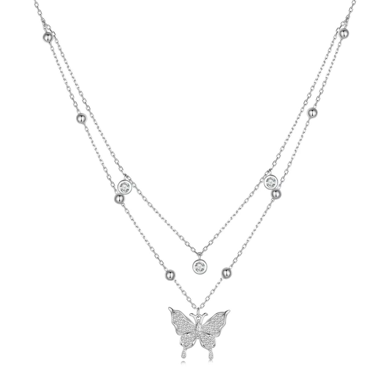 Colier din argint Double Chain Sparkling Butterfly, Argint 925, Pentru Femei