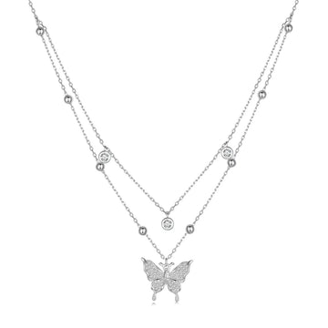 Colier din argint Double Chain Sparkling Butterfly, Argint 925, Pentru Femei