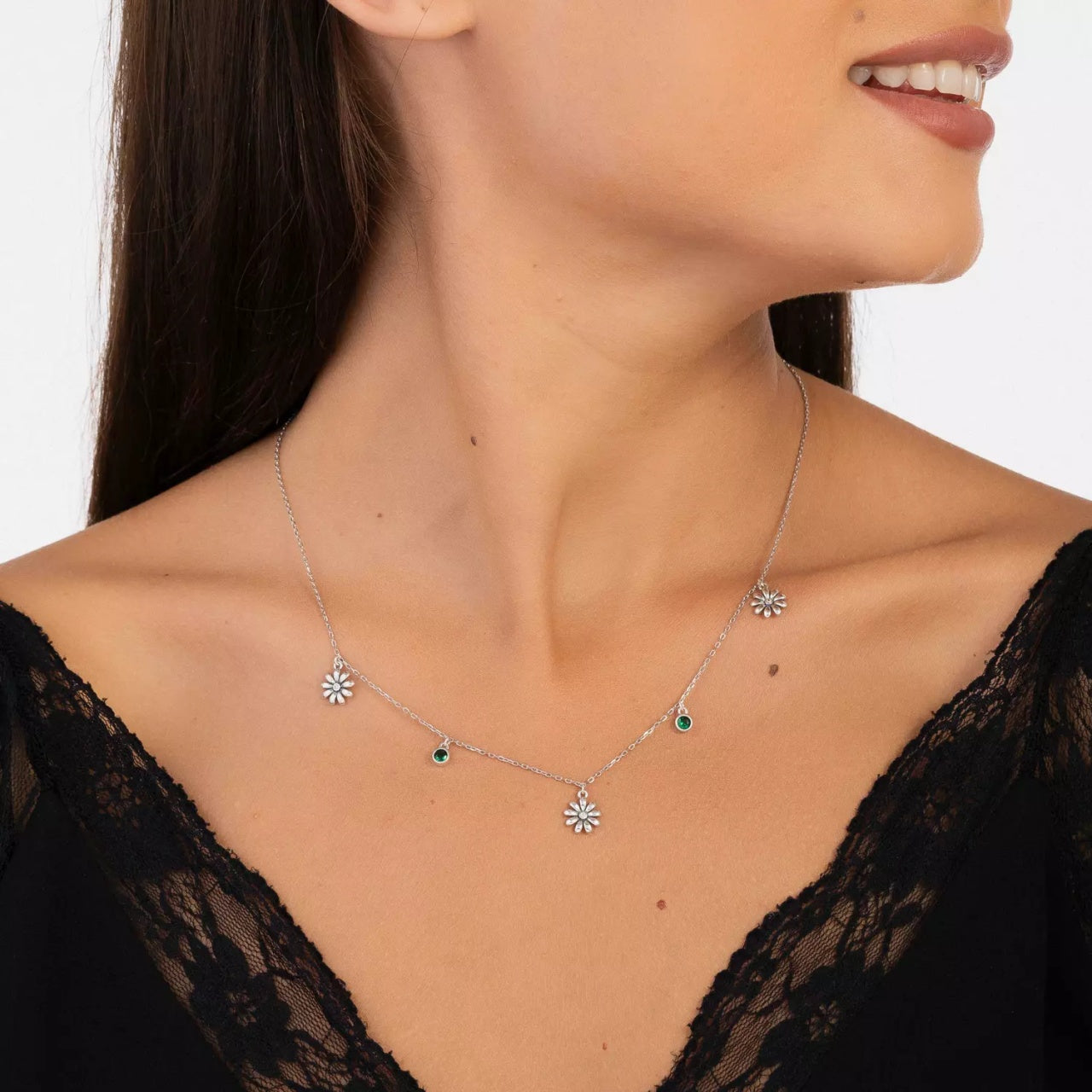 Colier din argint Green Daisy Crystals, Argint 925, Pentru Femei