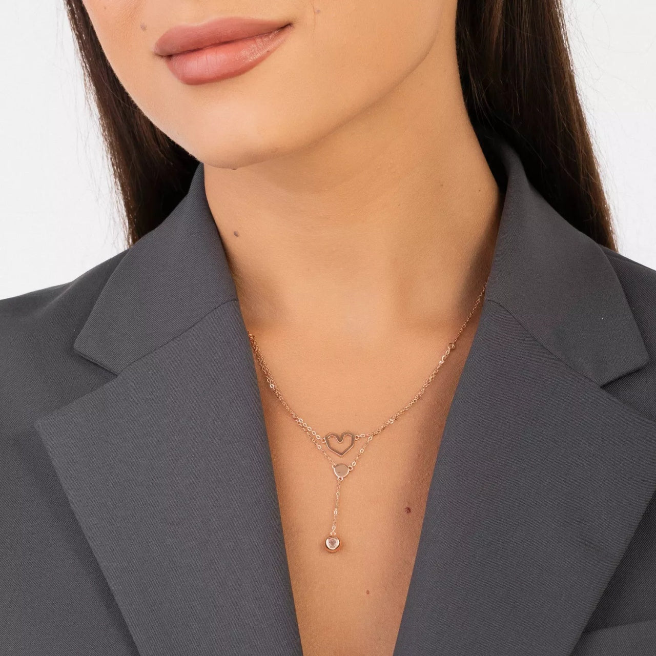 Colier din argint Rose Gold Double Layer Heart Chain, Argint 925, Pentru Femei