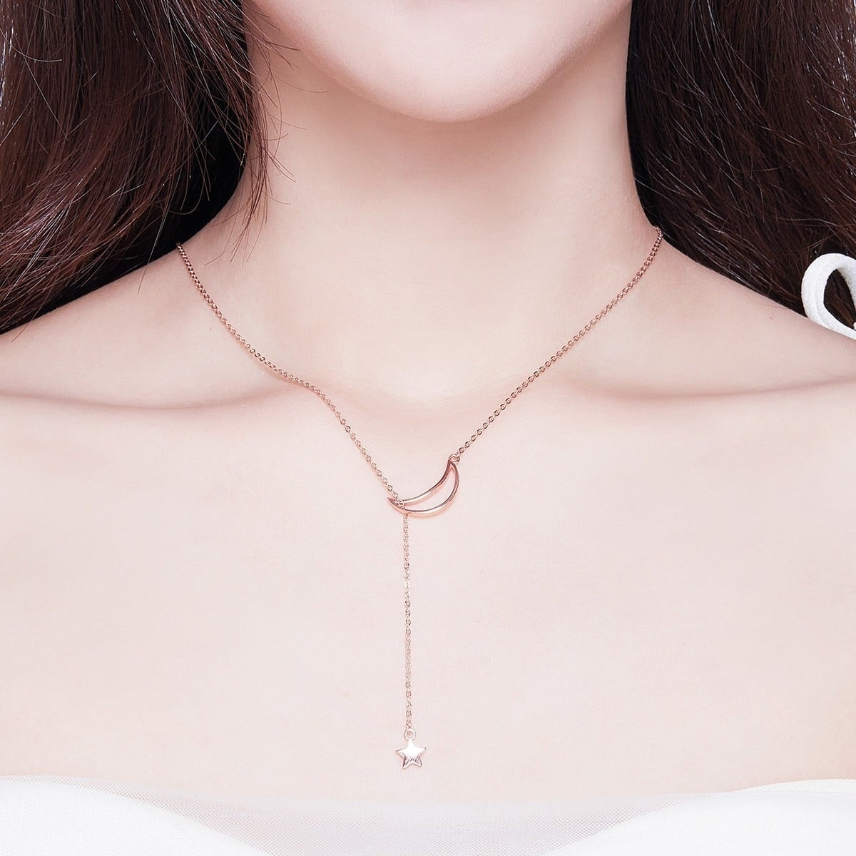 Colier din argint Rose Gold Star & Moon, Argint 925, Pentru Femei