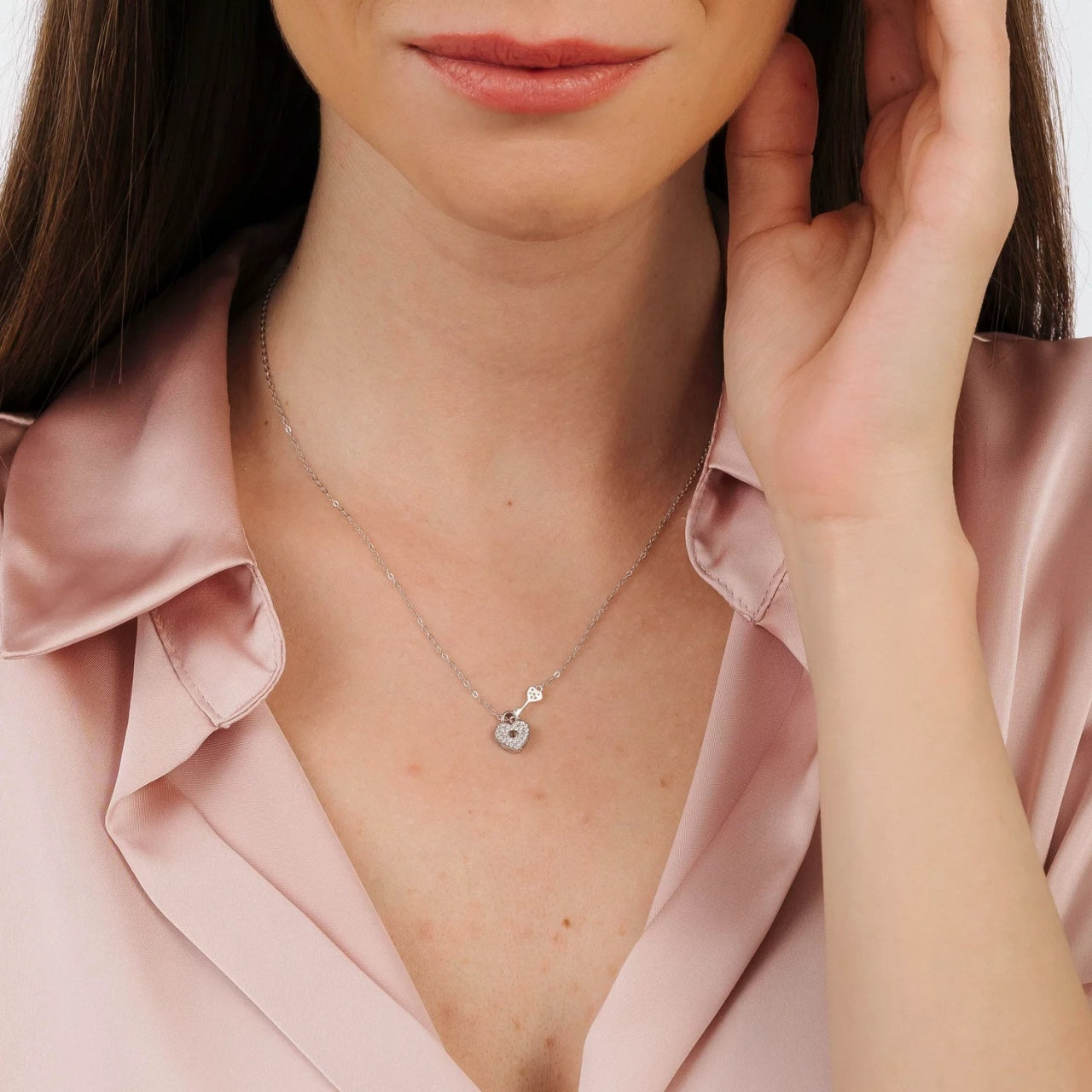 Colier din argint Shiny Heart & Key, Argint 925, Pentru Femei