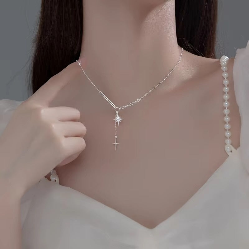 Colier Elegant din Argint 925, Cruce și Stea, Lănțișor Femei 293E