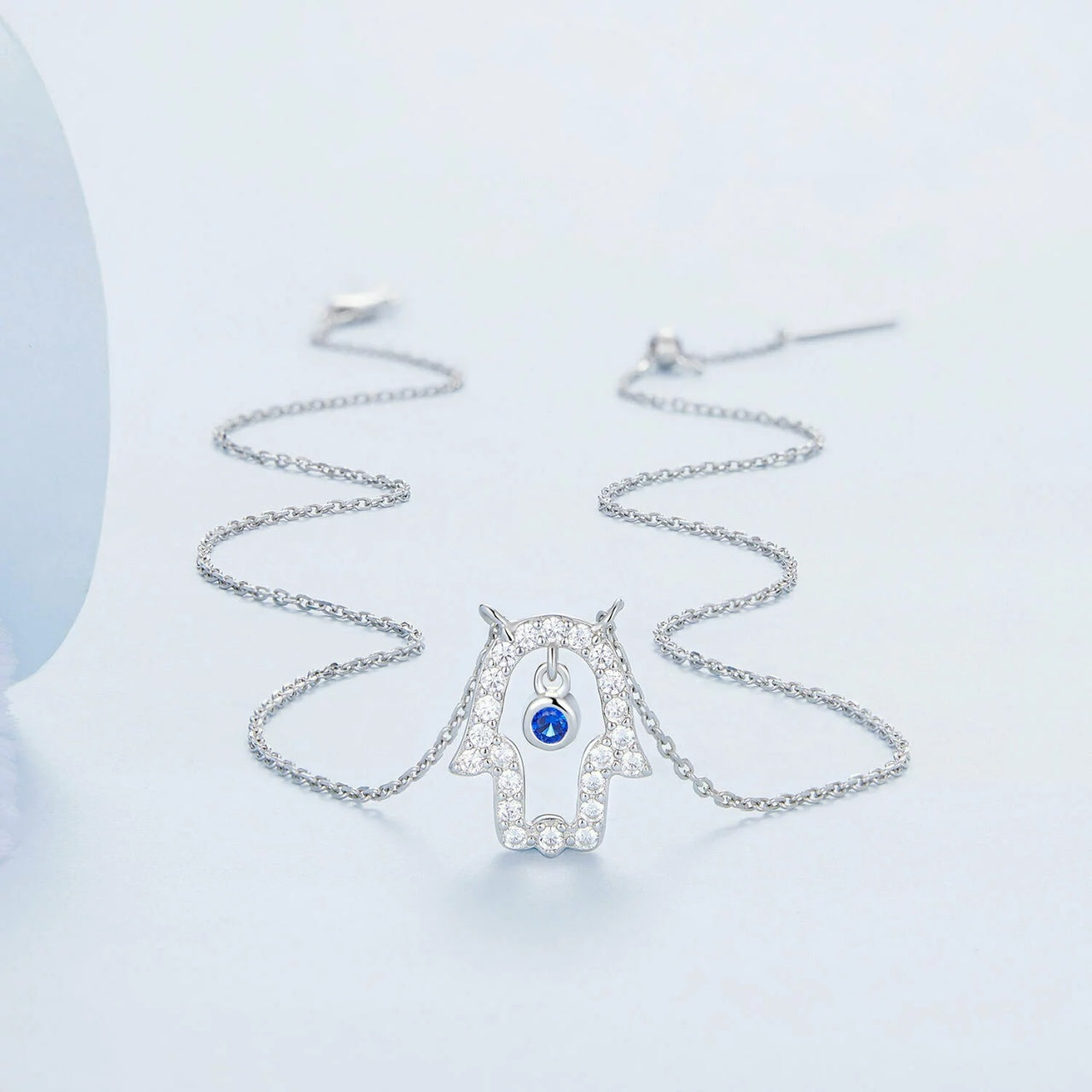 Colier reglabil din argint Blue Crystal Hamsa, Argint 925, Pentru Femei