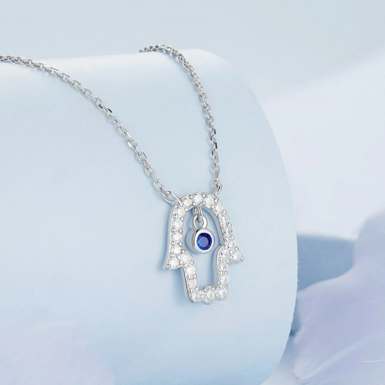 Colier reglabil din argint Blue Crystal Hamsa, Argint 925, Pentru Femei