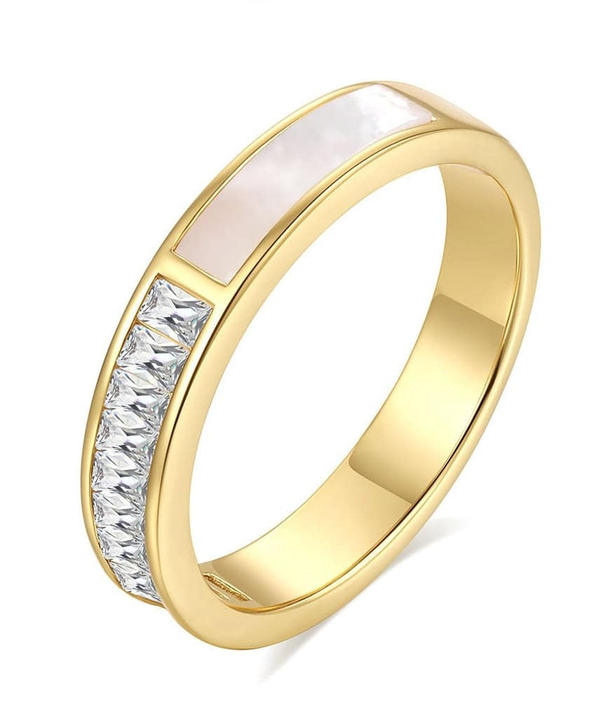 Inel Argint 925 Aurit, Cu Insertie Sidef(perla) Si Cristale Zirconiu, Model Elegant Si Modern, Ideal Pentru Ocazii Speciale