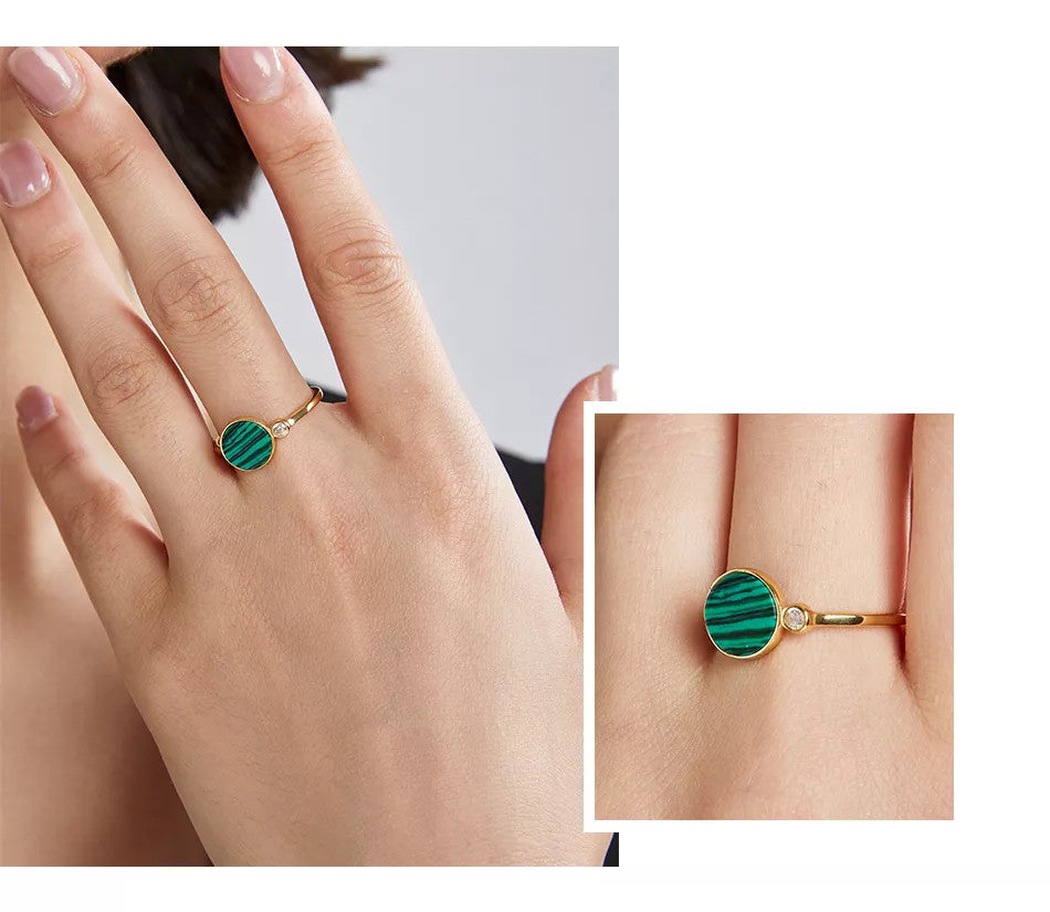 Inel Argint 925 Model Malachite Stone Unique Placat Aur 1.6g