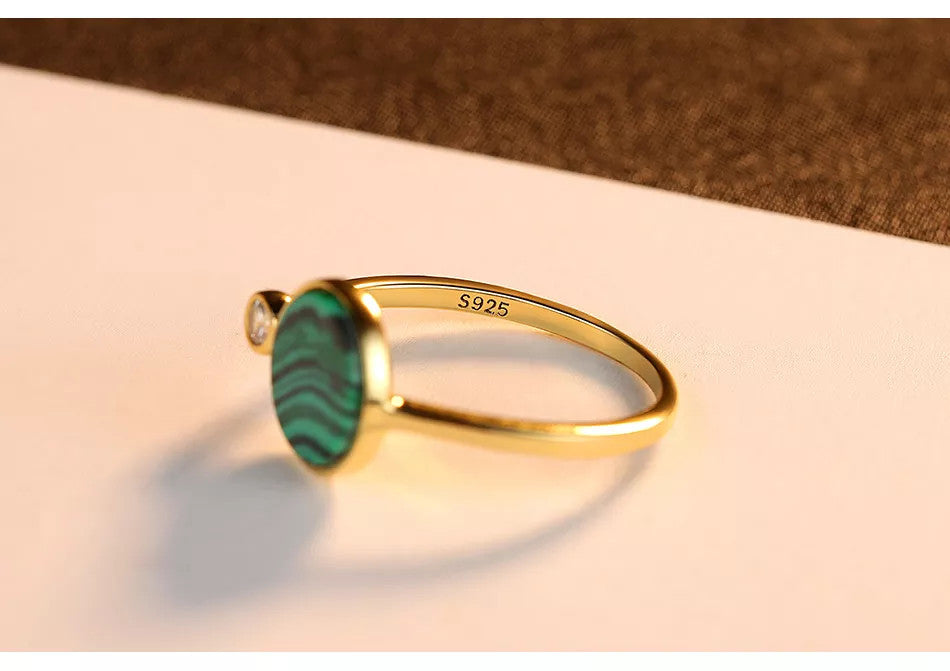 Inel Argint 925 Model Malachite Stone Unique Placat Aur 1.6g