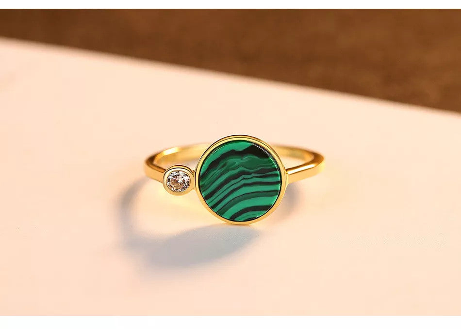 Inel Argint 925 Model Malachite Stone Unique Placat Aur 1.6g