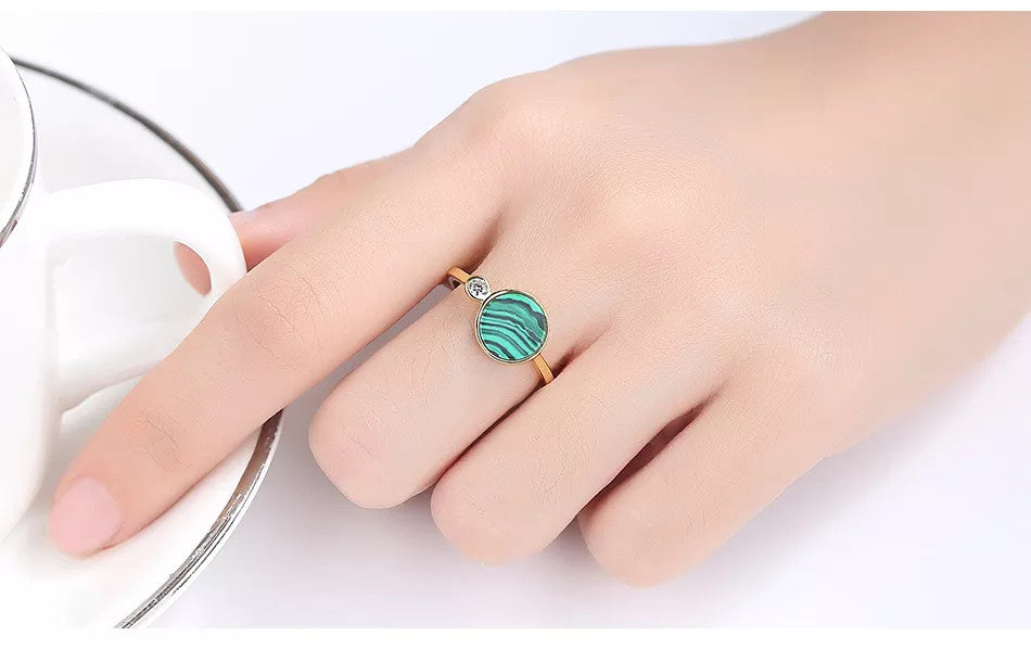 Inel Argint 925 Model Malachite Stone Unique Placat Aur 1.6g