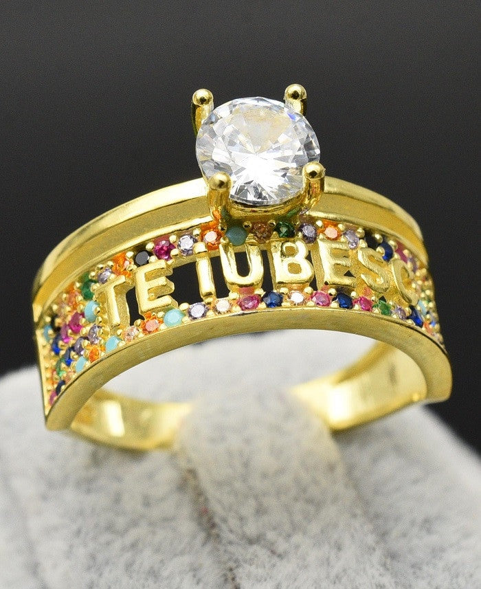 Inel Argint 925 Model Verigheta Te Iubesc Placat Aur Multicolor 4g