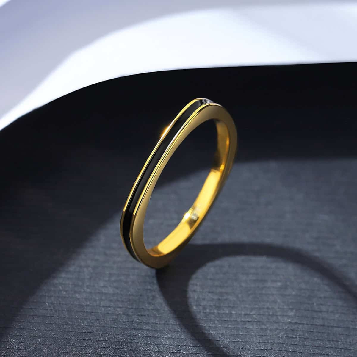 Inel Elegant Femei, Argint 925, Placat Aur, Design Modern Cu Email Negru, Gold