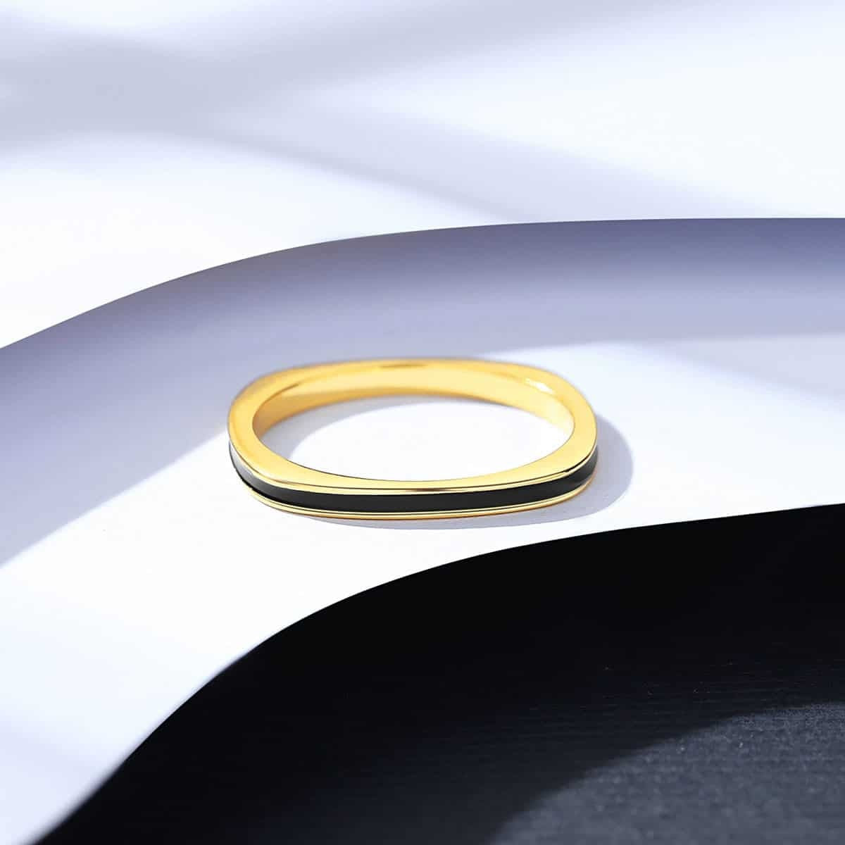 Inel Elegant Femei, Argint 925, Placat Aur, Design Modern Cu Email Negru, Gold