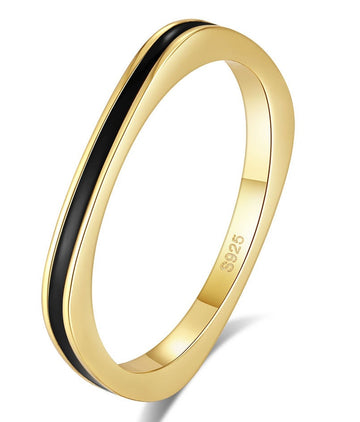 Inel Elegant Femei, Argint 925, Placat Aur, Design Modern Cu Email Negru, Gold