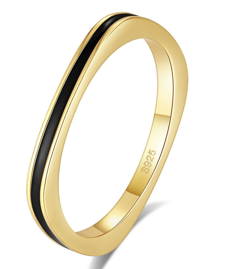 Inel Elegant Femei, Argint 925, Placat Aur, Design Modern Cu Email Negru, Gold