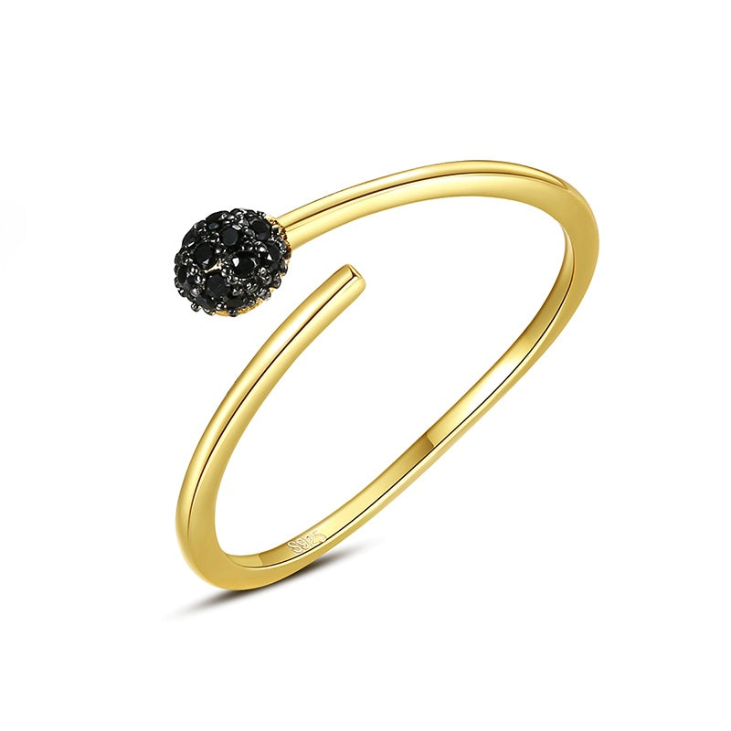 Inel Reglabil Din Argint 925 Placat Cu Aur, Design Modern Cu Piatra Neagra Stralucitoare, Accesoriu Elegant Pentru Femei, Bijuterie Premium