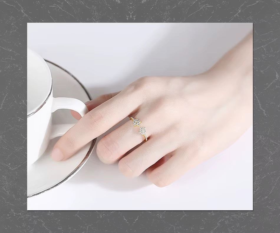 Inel Reglabil Femei, Design Floral Cu Zirconiu Stralucitor, Model Elegant Din Argint 925 Placat Aur 14K 1.2g
