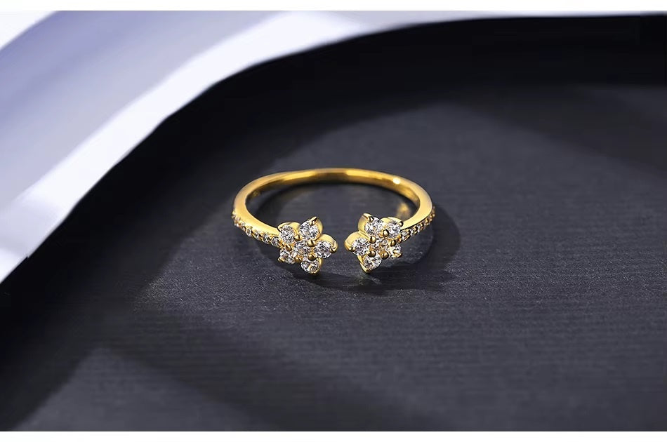 Inel Reglabil Femei, Design Floral Cu Zirconiu Stralucitor, Model Elegant Din Argint 925 Placat Aur 14K 1.2g