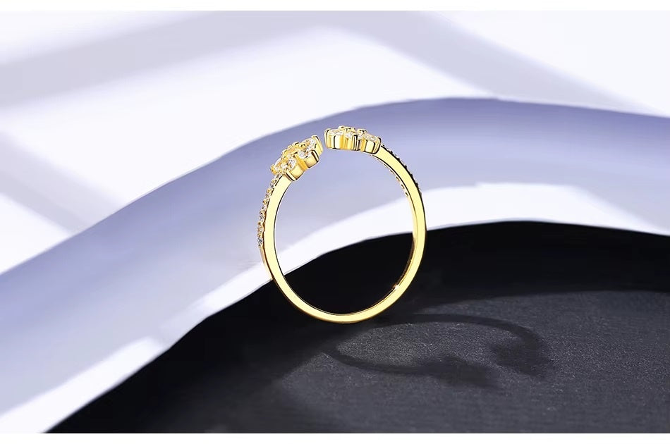 Inel Reglabil Femei, Design Floral Cu Zirconiu Stralucitor, Model Elegant Din Argint 925 Placat Aur 14K 1.2g