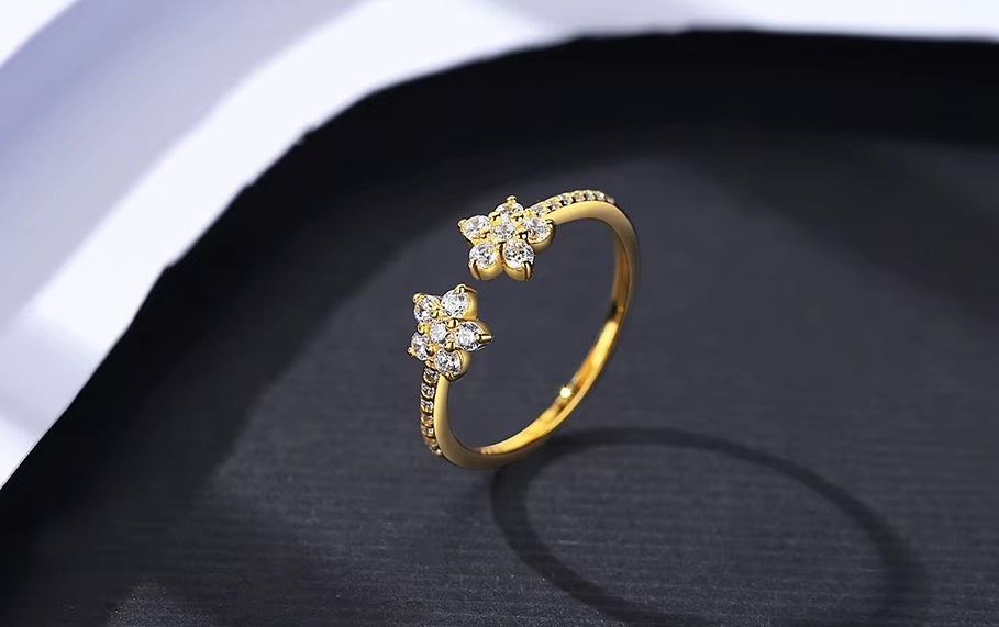 Inel Reglabil Femei, Design Floral Cu Zirconiu Stralucitor, Model Elegant Din Argint 925 Placat Aur 14K 1.2g