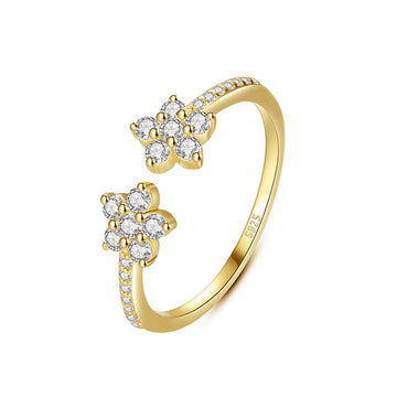 Inel Reglabil Femei, Design Floral Cu Zirconiu Stralucitor, Model Elegant Din Argint 925 Placat Aur 14K 1.2g