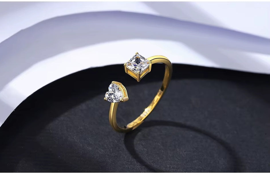 Inel Reglabil Femei, Design Modern Cu Doua Pietre Zirconiu, Argint 925 Placat Aur 18K