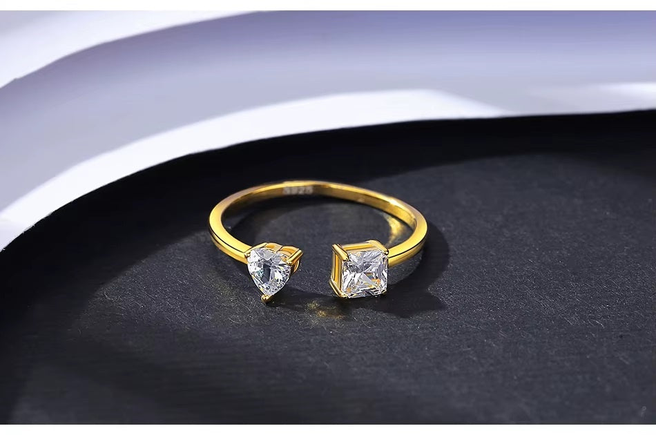 Inel Reglabil Femei, Design Modern Cu Doua Pietre Zirconiu, Argint 925 Placat Aur 18K