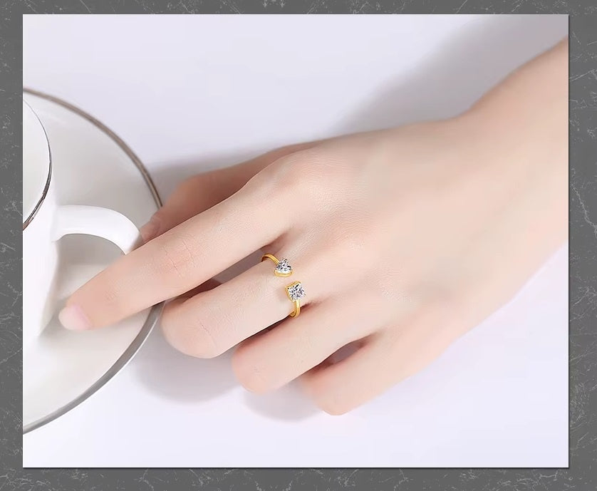 Inel Reglabil Femei, Design Modern Cu Doua Pietre Zirconiu, Argint 925 Placat Aur 18K
