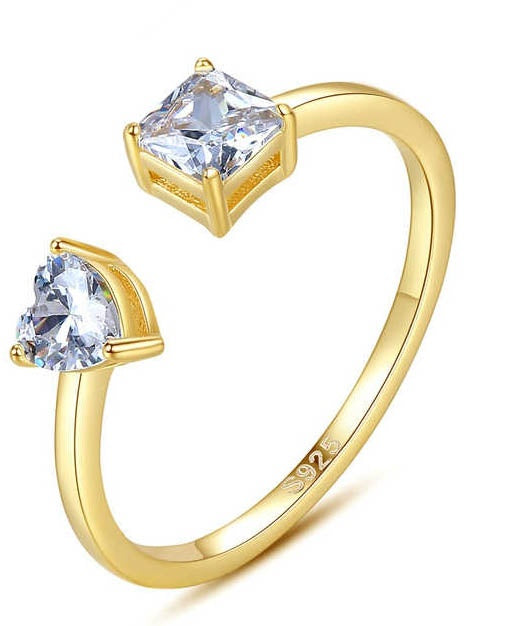 Inel Reglabil Femei, Design Modern Cu Doua Pietre Zirconiu, Argint 925 Placat Aur 18K