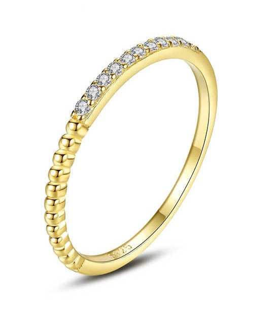 Inel Subtire Din Argint 925 Placat Aur 14K, Model Fin Cu Pietre Zirconiu, Verigheta Delicata Pentru Femei 0.8g
